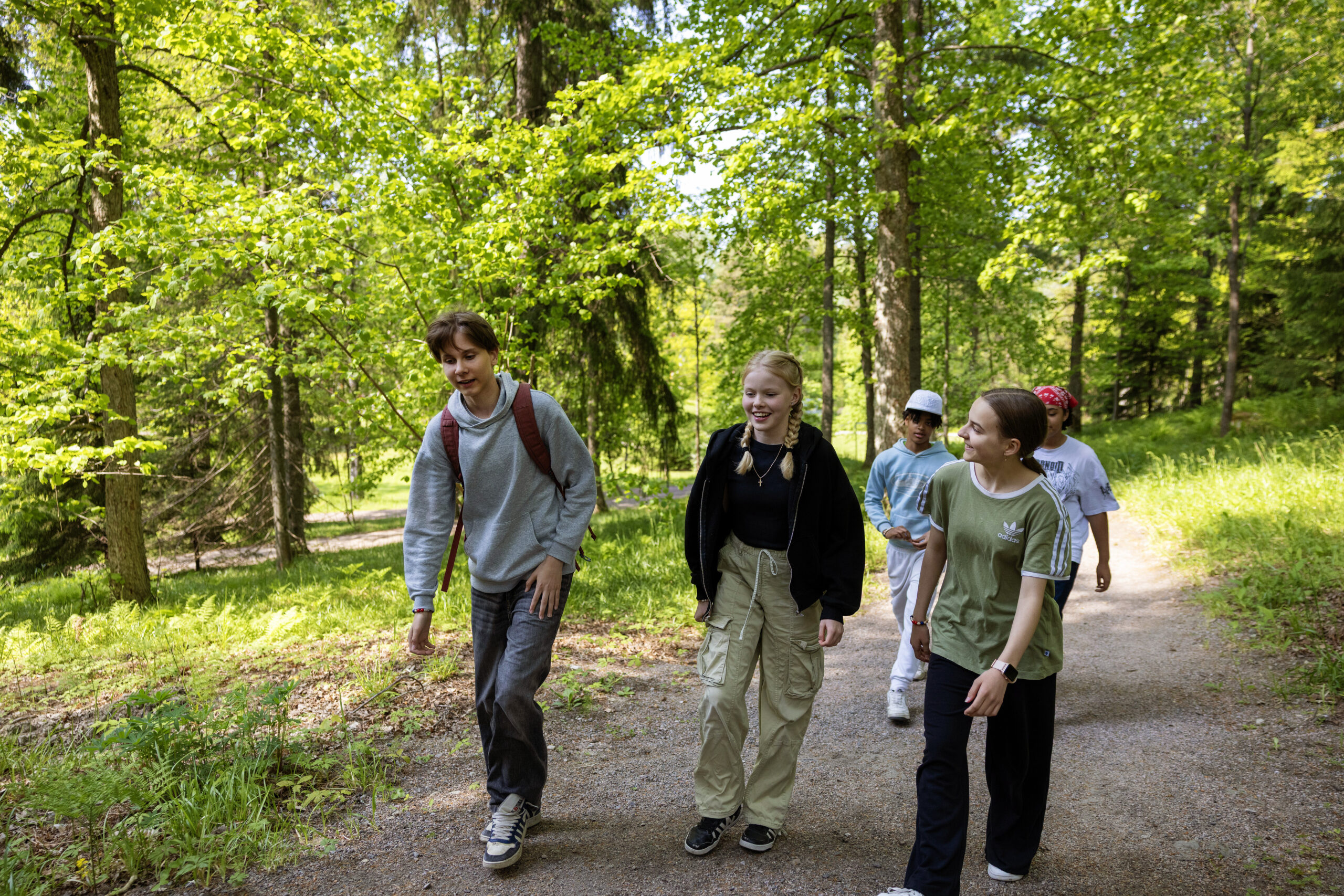Ungdomar promenerar i skogen.
